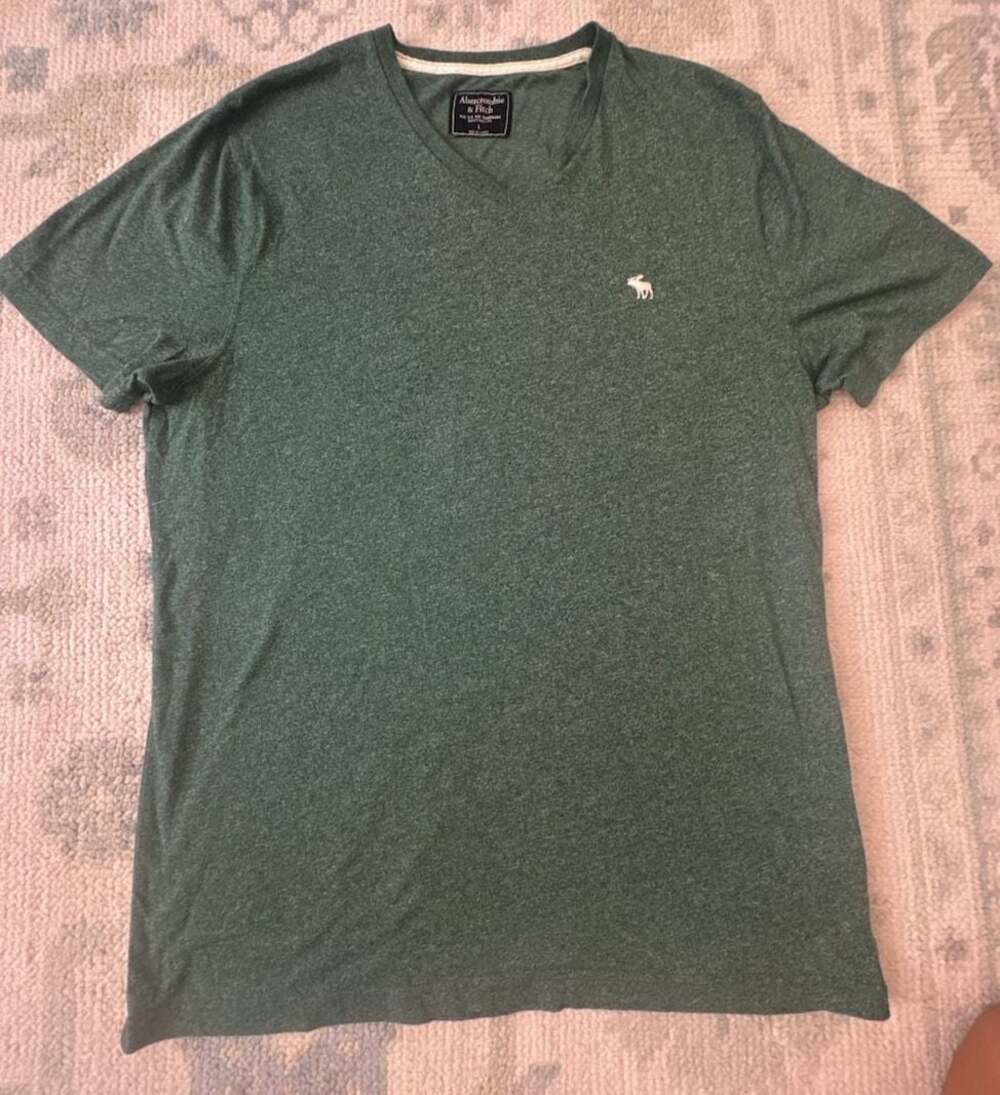 L Abercrombie & Fitch Men's Heathered Green V-Neck T-Shirt Embroidered Moose Log